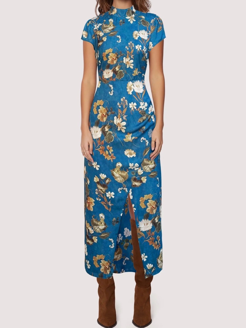 Lost + Wander Teal Blue Floral Mandarin-Collar Maxi Dress